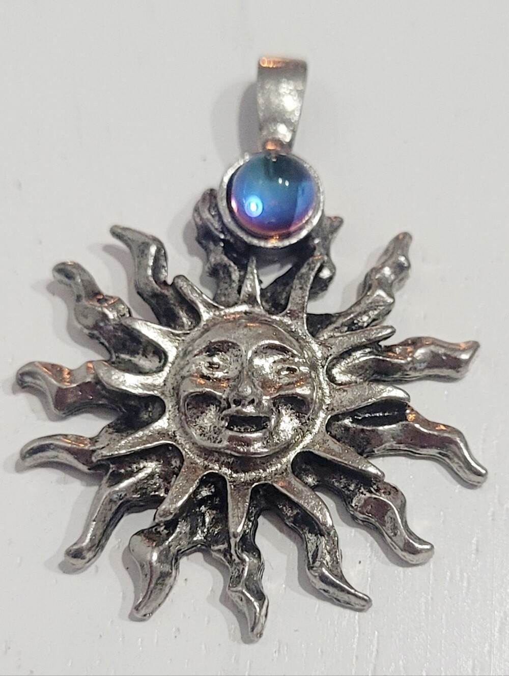 Sun Face Pendant Silver Tone Blue Cabochon Celestial Boho